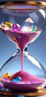 Colorful hourglass with crystals and pink sand.