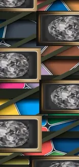 Colorful geometric mosaic with crystal elements.
