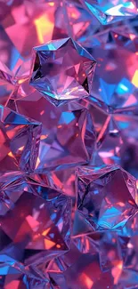 Crystals with pink and blue reflections forming a geometric pattern wallpaper.