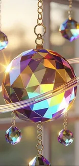 Colorful crystal sphere with hanging ornaments.