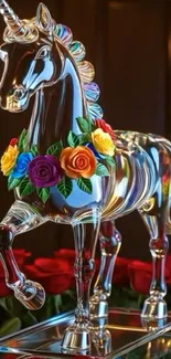 Crystal unicorn with colorful roses in red backdrop.
