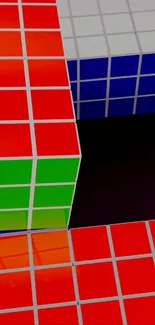 Colorful geometric cube pattern wallpaper with red, green, and blue shades.