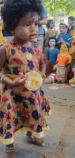 Child in a colorful dress holding a flower, surrounded by vibrant statues.