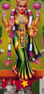 Intricate cultural goddess in green attire with lotus flowers on a green background.