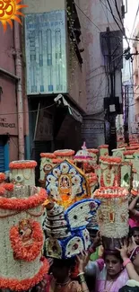 Vibrant street parade with colorful traditional attire and headdresses.