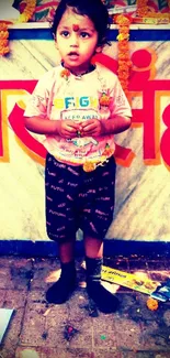 Child in colorful attire with marigold decor.