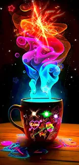 Digital art of a cup with colorful swirling smoke on a black background.