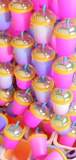 Vibrant stack of colorful cups with playful design.