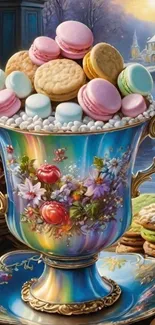 Vibrant cup with macarons and cookies displayed elegantly.