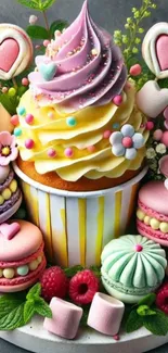 A colorful cupcake and macarons with floral decorations.