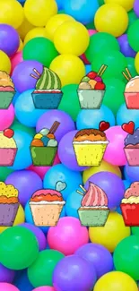 Colorful cupcakes on a vibrant ball pit background.