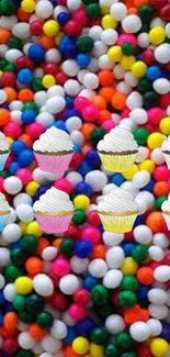 Colorful candy and cupcakes wallpaper with a playful design.