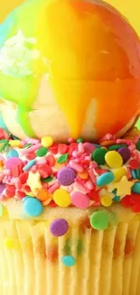 Colorful cupcake with sprinkles and rainbow ice cream scoop wallpaper.