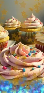 Colorful cupcakes with sprinkles and star decorations.