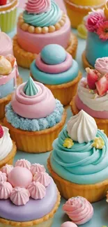 An array of vibrant pastel cupcakes with unique designs and decorations.