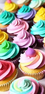 Colorful cupcakes with swirled frosting on a tray.