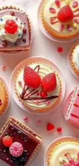 Colorful cupcakes with detailed topping designs.