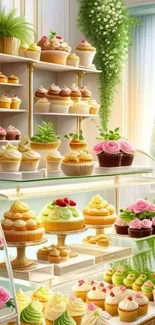 A bright display of colorful cupcakes in a bakery setting with green décor.