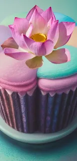 Colorful cupcake with lotus flower on top, in pastel tones.