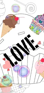 Colorful cupcake wallpaper with LOVE text and ice cream cones on a white background.