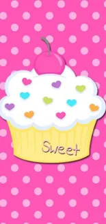 Colorful cupcake with a pink polka-dot background mobile wallpaper.