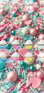 Cupcake-themed wallpaper with colorful sprinkles design.