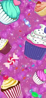 Colorful cupcakes on glittery pink background wallpaper.