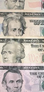 Collage of vintage US dollar bills with historical figures.