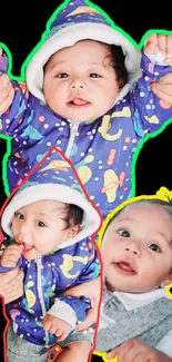 Colorful baby collage with vibrant outfits and playful expressions.