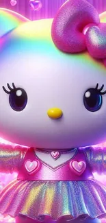 Rainbow-colored cat with pink bow and shining hearts in vibrant wallpaper.