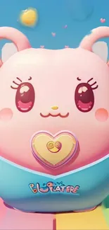 Cute colorful cartoon character in a vibrant pastel setting with hearts.