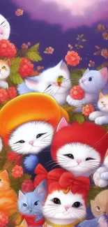 Adorable kittens amidst vibrant flowers on a colorful mobile wallpaper.