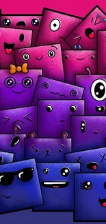 Colorful cartoon squares with various expressions on a vibrant purple background.