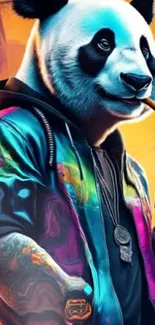 Stylish panda in cyberpunk art with vibrant colors.