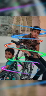 Two boys on bicycles with neon spiral effects in an urban setting.