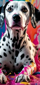 Dalmatian surrounded by colorful paint splashes.