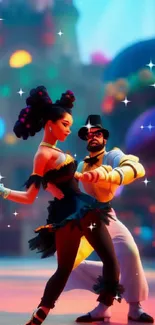 Animated duo dancing in vibrant, colorful setting.