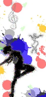 Silhouette dancer with colorful paint splashes on a vibrant wallpaper.