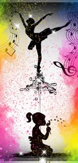 Colorful silhouette dancer wallpaper with musical notes.