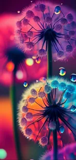 Colorful dandelions with vibrant purple and pink hues in artistic design.