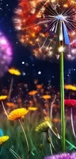 Colorful dandelion wallpaper with vibrant night sky.