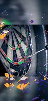 Colorful mobile wallpaper featuring a dartboard and gaming gadgets in dark tones.