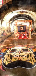 Day of the Dead skull art in a stone tunnel.