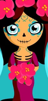 Day of the Dead cartoon wallpaper with floral design.