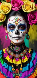 Vibrant Day of the Dead art with colorful flowers and face paint.