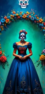 Day of the Dead art with a colorful Catrina and floral arch against a blue background.