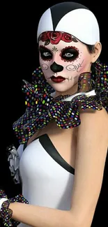 Day of the Dead character with colorful face paint on black background.