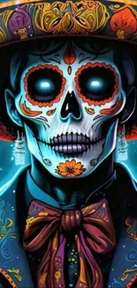 Vibrant Day of the Dead skeleton in festive attire with glowing effect.