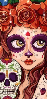 Day of the Dead woman with roses and skull in colorful art design.