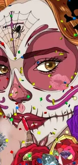 Colorful Day of the Dead wallpaper with intricate face art.